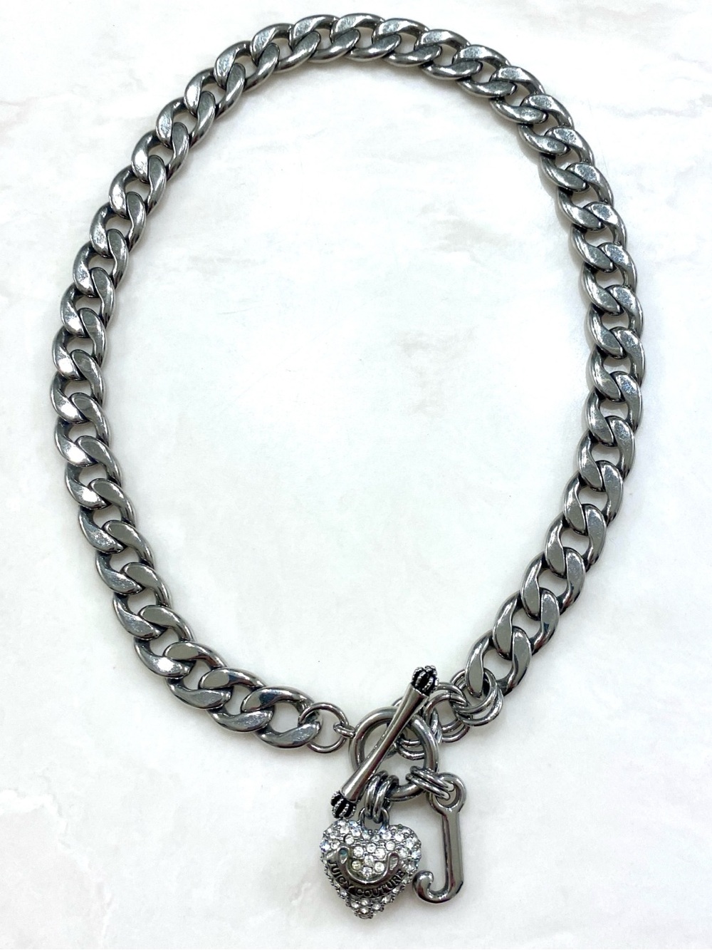 Juicy Couture Silver-Tone Cuban Link Necklace with Crystal Heart Charm